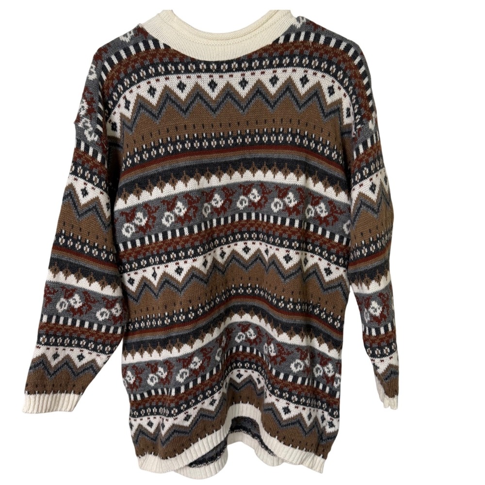 Adele Knitwear Sweater Mens XL Brown Fair Isle Geometric Crew Neck Vintage USA